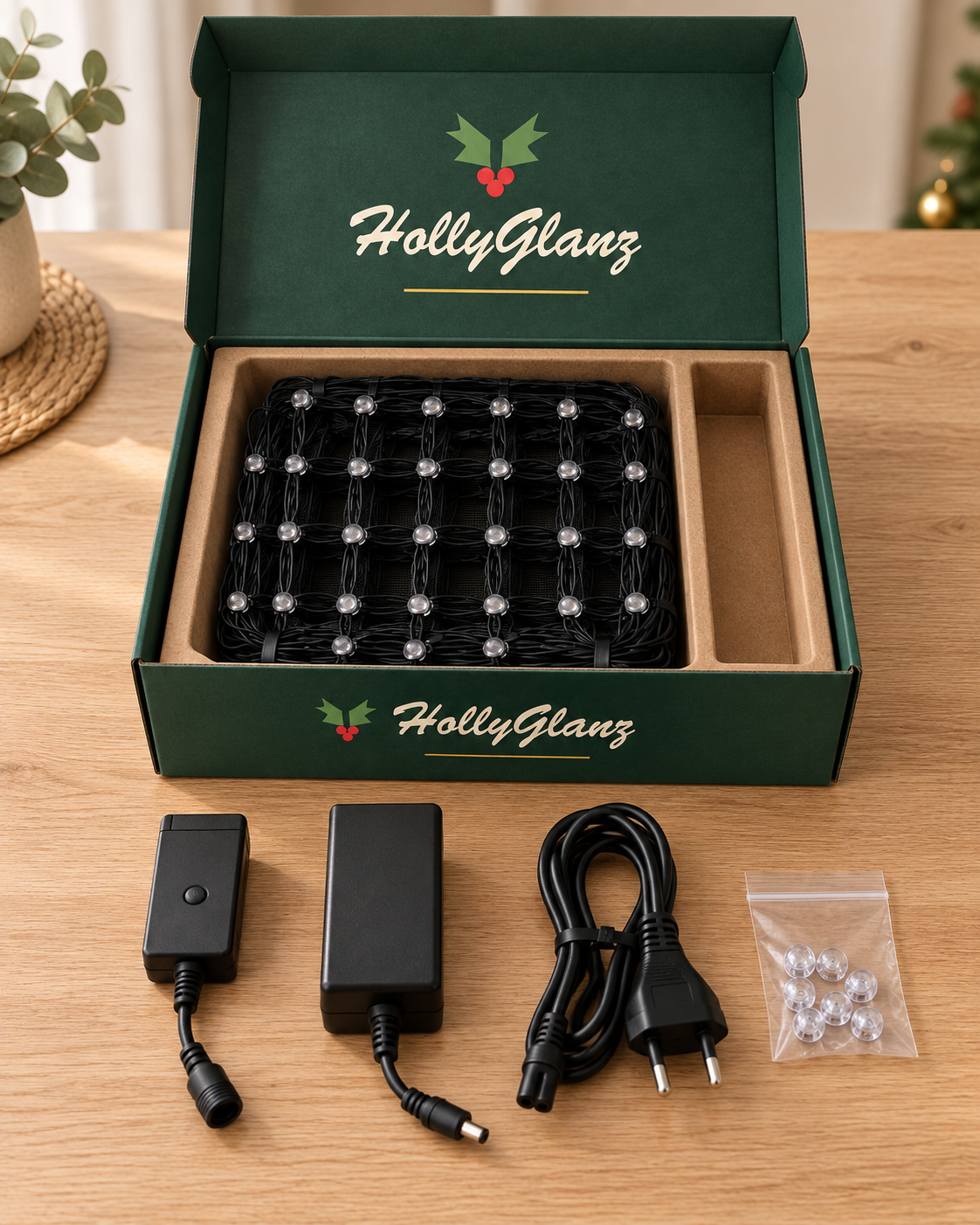 What is in the box: LED mesh, controller, power supply, cable and spare pixels