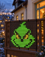 Close view of the lit pixel grid on the balcony
