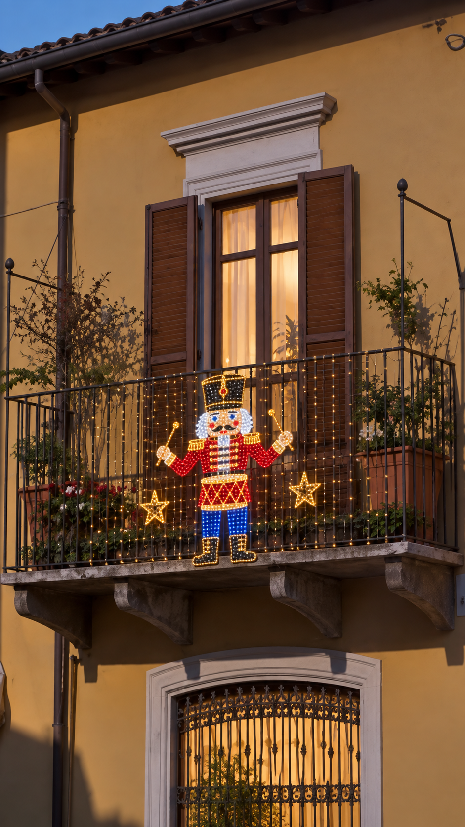 Pixel nutcracker lit on a balcony railing