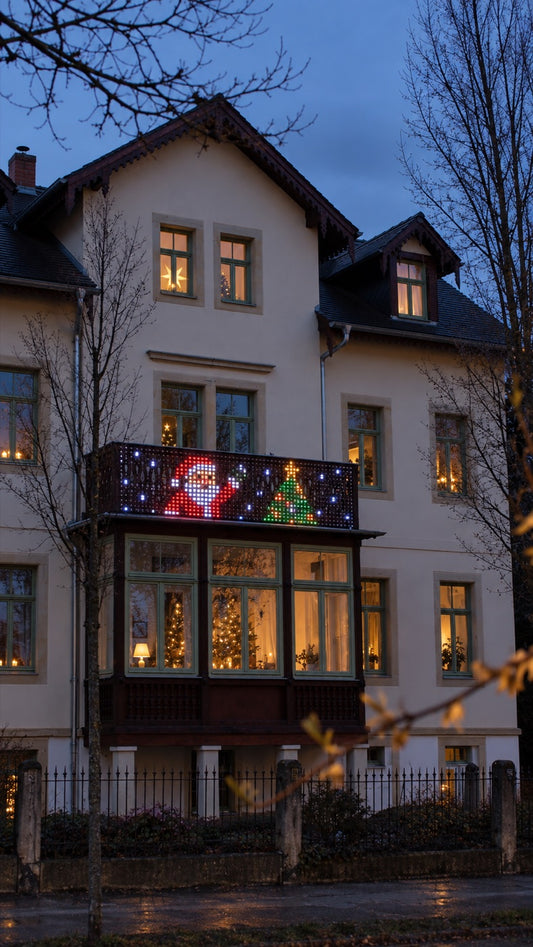 Balkon mit leuchtendem Weihnachtsmann-Motiv