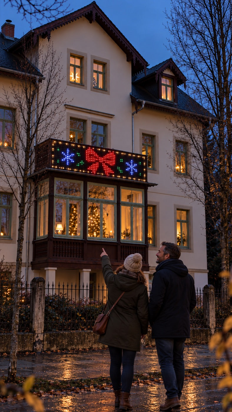 Paar bewundert den leuchtenden Balkon
